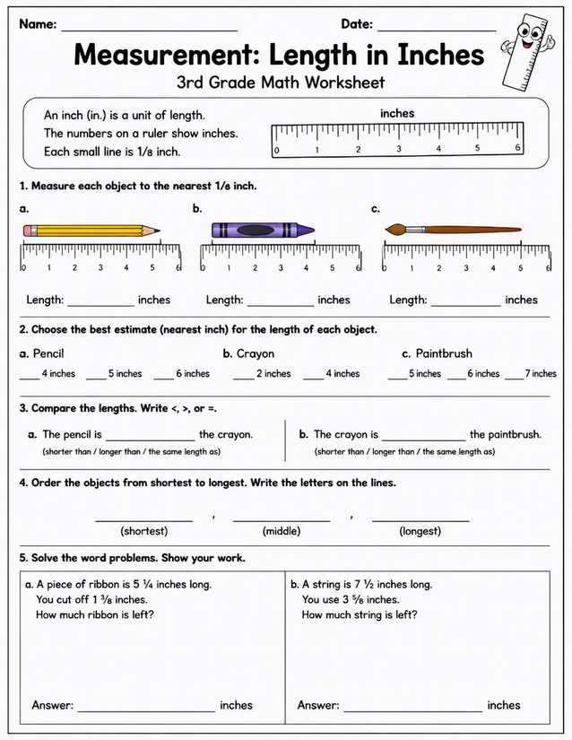 Measurement Length in Inches Worksheet, 3rd Grade Math