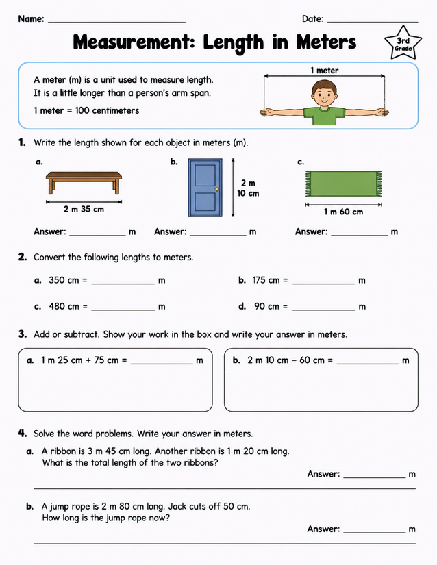 Measurement Length in Meters, Grade 3 Worksheet
