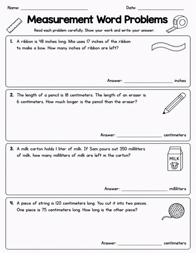 Measurement Word Problems Worksheet, Inches to Milliliters
