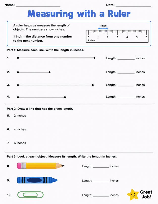 Measuring with a Ruler Worksheet, Inches Practice