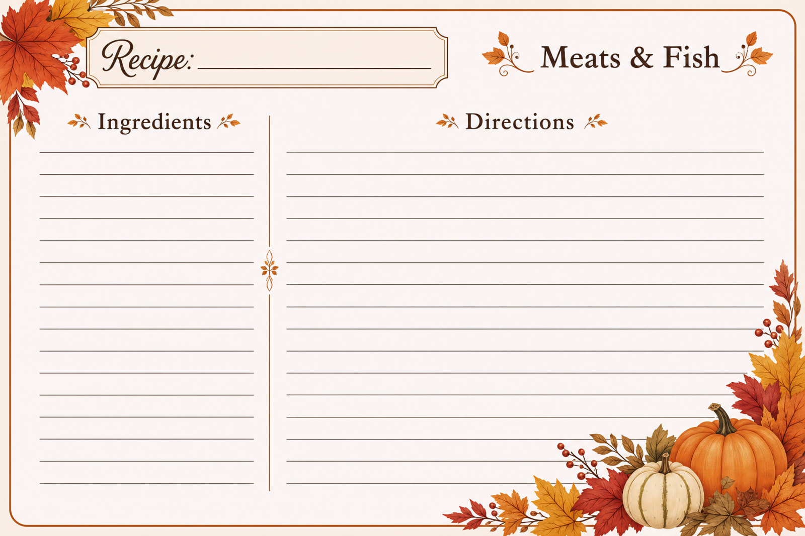 Meats and Fish Recipe Card, Autumn Leaf and Pumpkin Design