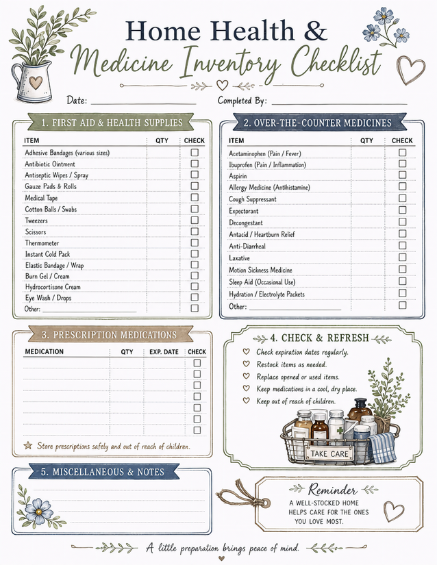 Medicine Inventory Checklist, Five Sections Including Prescriptions