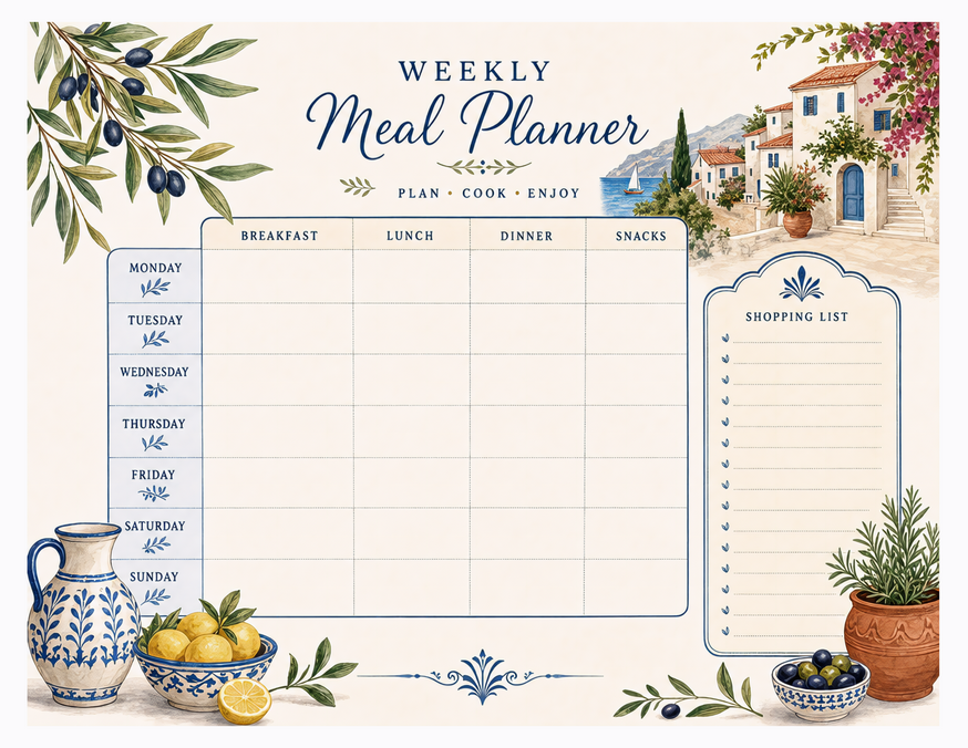 Mediterranean Meal Planner, Seven Days with Shopping List