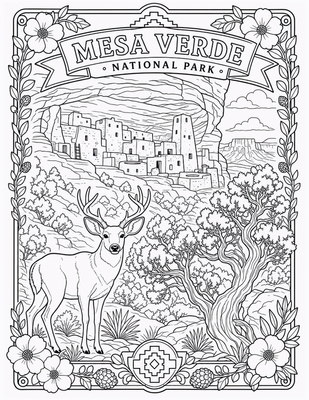 Mesa Verde National Park Coloring Page, Cliff Dwellings and Mule Deer