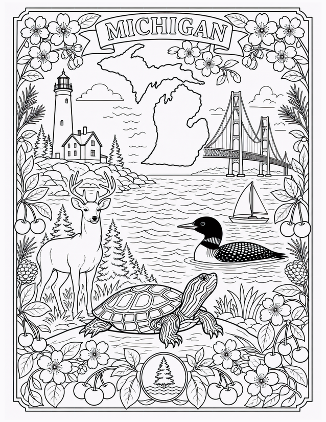 Michigan Coloring Page, Mackinac Bridge, Loon, and Painted Turtle