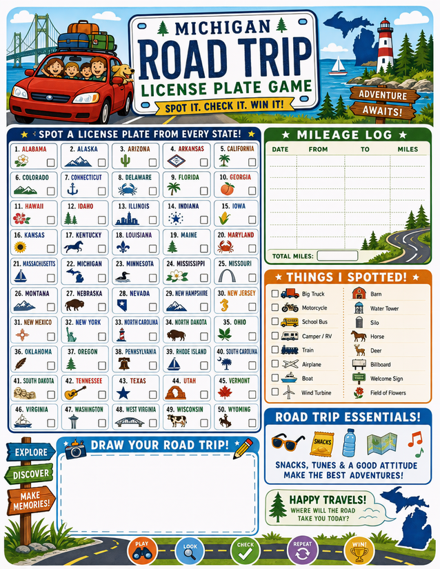 Michigan License Plate Game Printable, All 50 States Plus Mileage Log