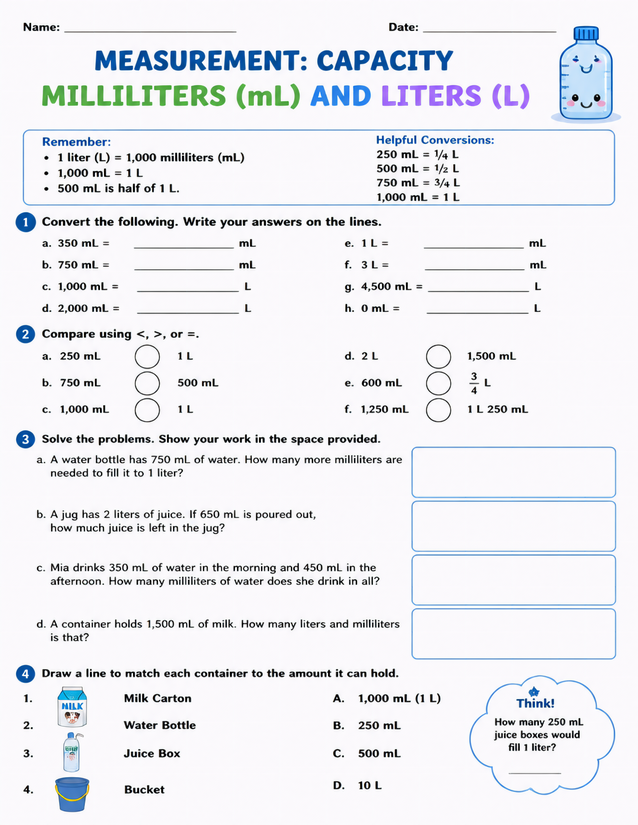Milliliters and Liters Worksheet, Conversions to Word Problems