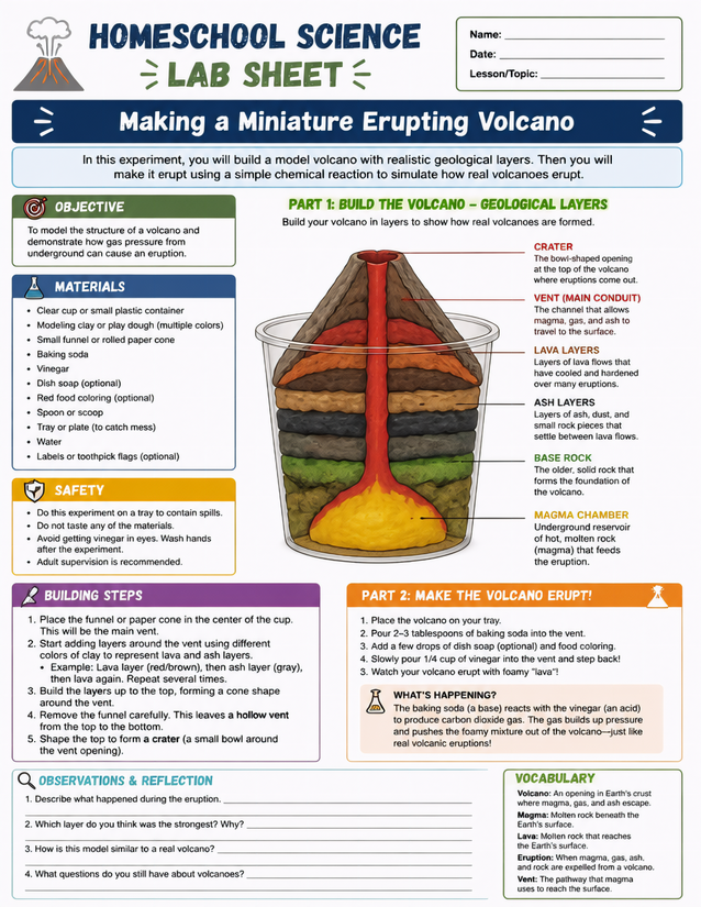 Miniature Erupting Volcano Lab Sheet, Geological Layers
