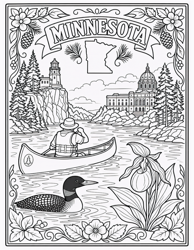 Minnesota Coloring Page, Canoe, Loon, and Split Rock Lighthouse