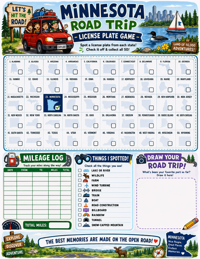 Minnesota License Plate Game Printable, With Mileage Log and Spotting Checklist