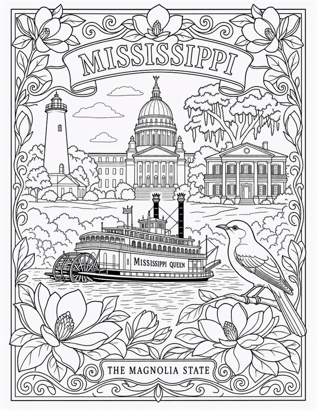 Mississippi Coloring Page, Steamboat, Capitol, and Magnolias