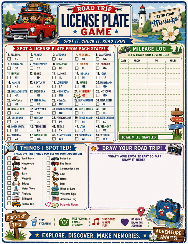 Mississippi License Plate Game Printable, All 50 States Plus Mileage Log