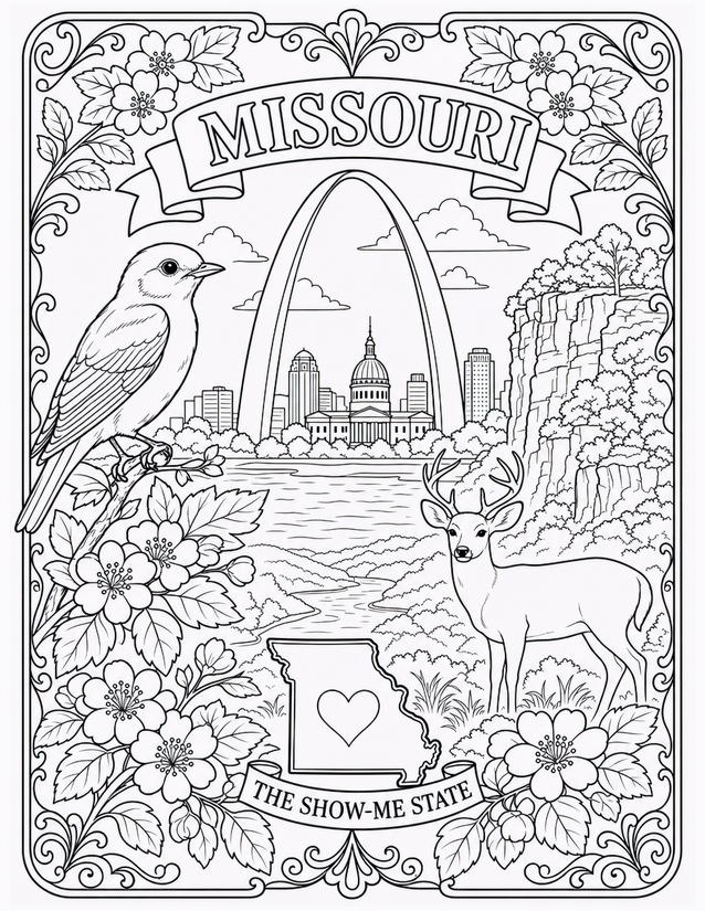 Missouri Coloring Page, Gateway Arch and Bluebird