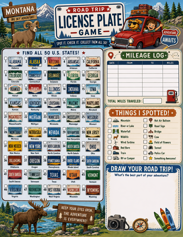 Missouri License Plate Game Printable, All 50 States Plus Mileage Log