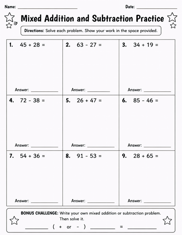 Mixed Addition and Subtraction Practice Worksheet, 9 Problems