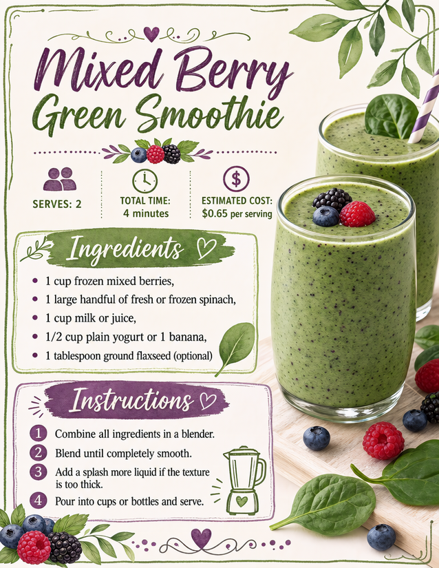 Mixed Berry Green Smoothie Recipe Card, Two Servings at 65 Cents Each
