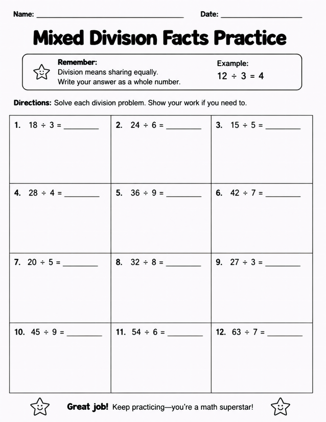 Mixed Division Facts Practice, 12 Problems Across Mixed Divisors