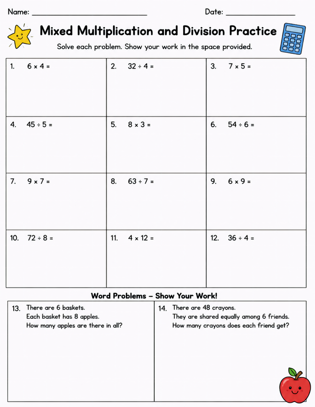 Mixed Multiplication and Division Practice, 12 Problems Plus Word Problems