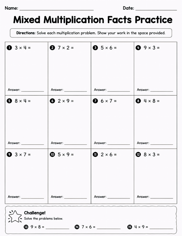 Mixed Multiplication Facts Practice Worksheet, 15 Problems