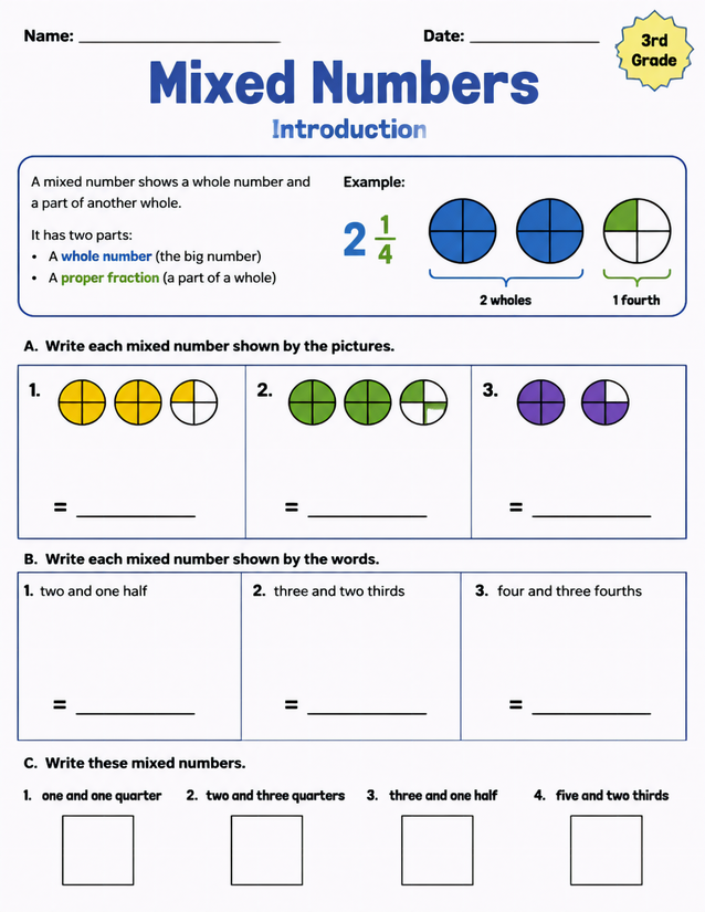 Mixed Numbers Introduction Worksheet, 3rd Grade
