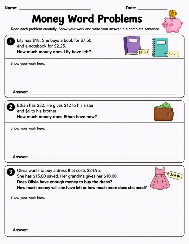 Money Word Problems Worksheet, Grades 2-3