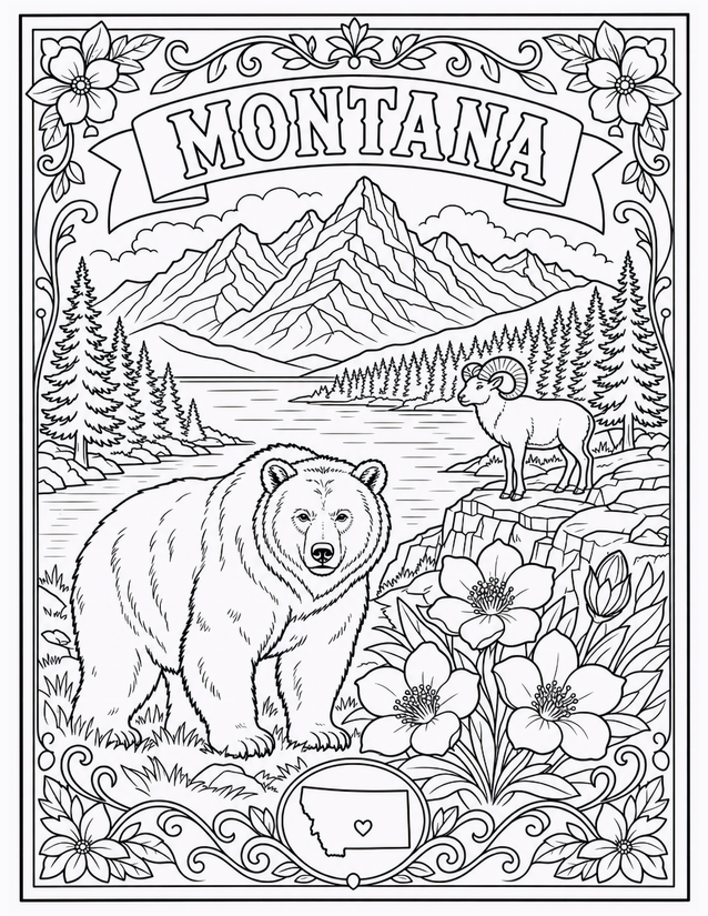 Montana Coloring Page, Bear, Bighorn Sheep, and Mountain Lake