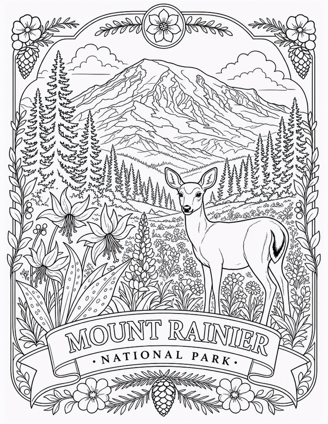 Mount Rainier National Park Coloring Page, Deer and Wildflowers