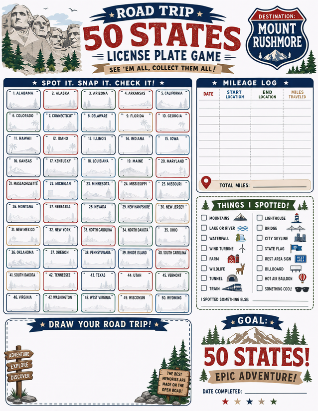 Mount Rushmore License Plate Game Printable, Mileage Log and Spotter Checklist