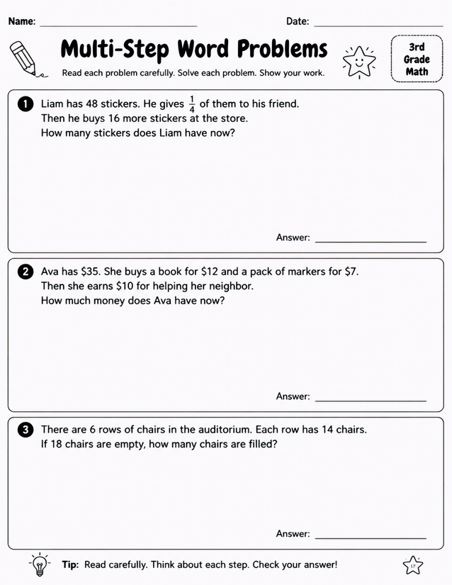 Multi-Step Word Problems Worksheet, 3rd Grade Math