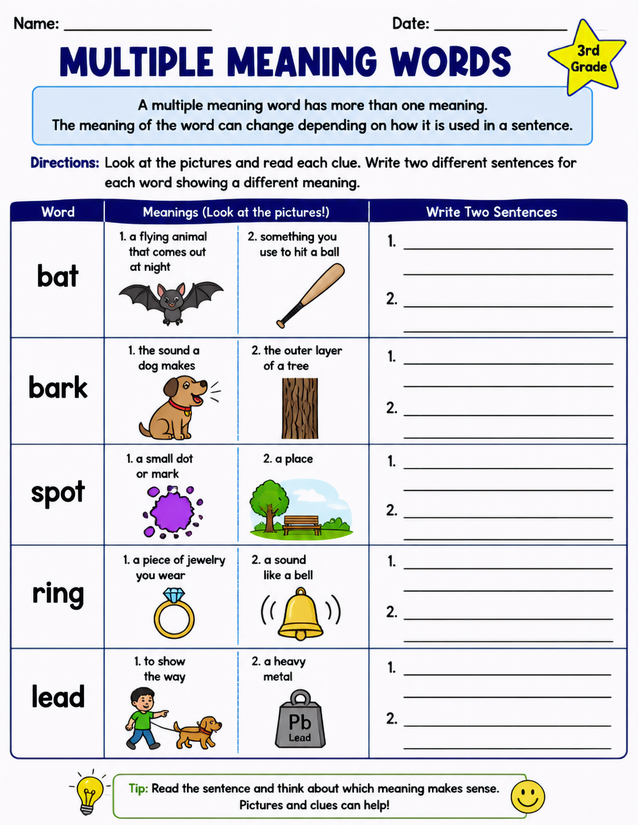 Multiple Meaning Words Worksheet, 3rd Grade