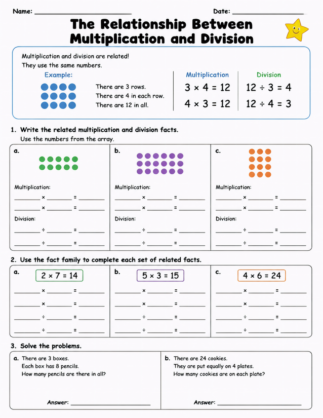 Multiplication and Division Relationship Worksheet with Arrays