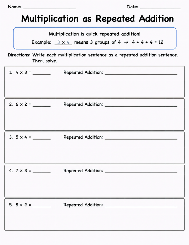 Multiplication as Repeated Addition Worksheet, Grades 2-3