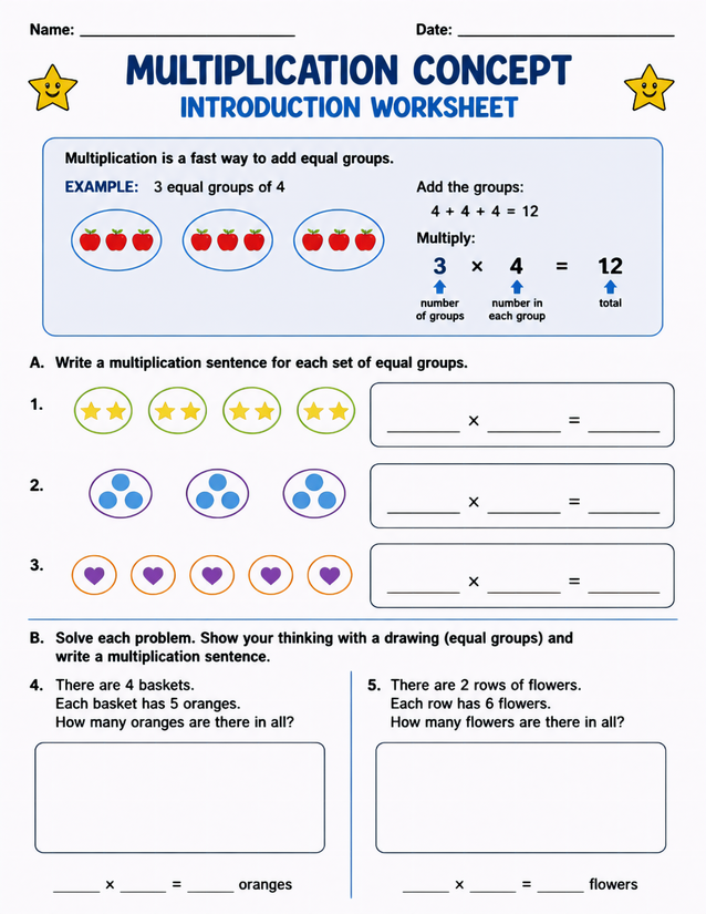 Multiplication Concept Introduction Worksheet, Equal Groups