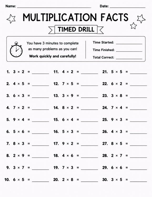 Multiplication Facts Timed Drill, 30 Problems in 3 Minutes