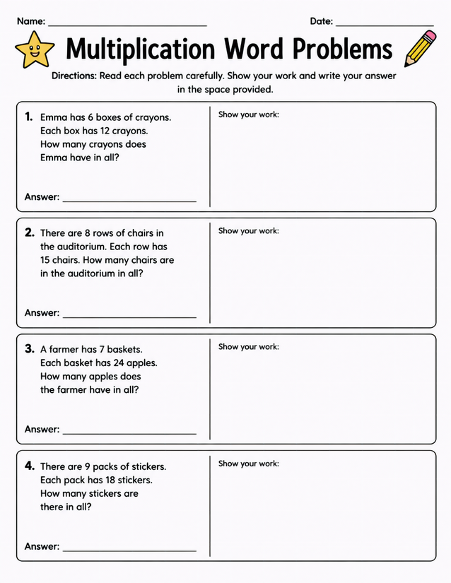 Multiplication Word Problems Worksheet, Four Show-Your-Work Problems