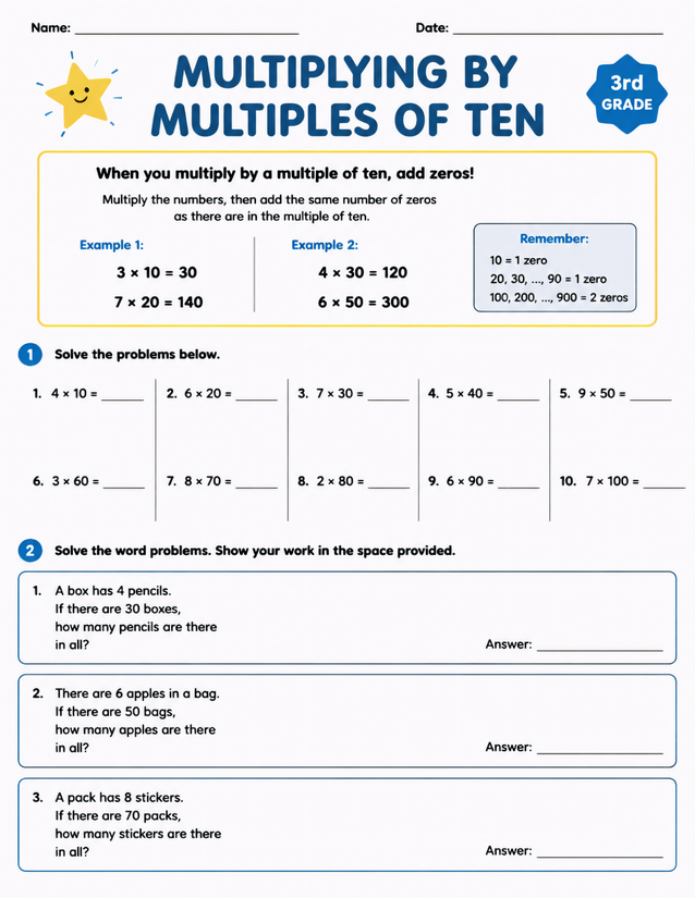 Multiplying by Multiples of Ten Worksheet, 3rd Grade