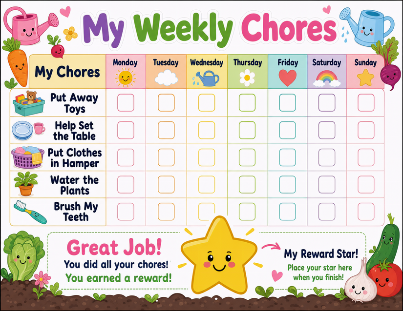 My Weekly Chores Garden Chart, Five Tasks with Reward Star