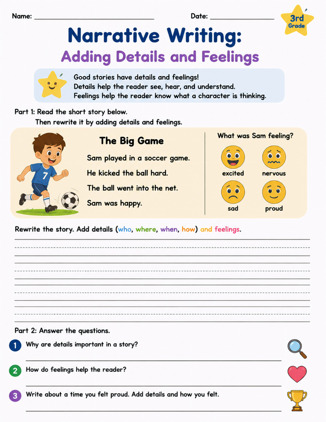 Narrative Writing Adding Details and Feelings Worksheet, 3rd Grade