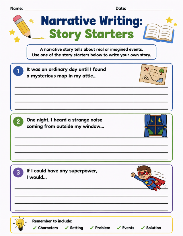 Narrative Writing Story Starters Worksheet, Three Imaginative Prompts