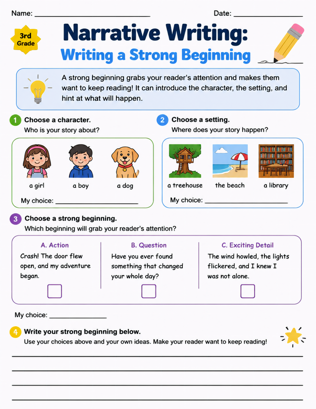 Narrative Writing Strong Beginning Worksheet, 3rd Grade