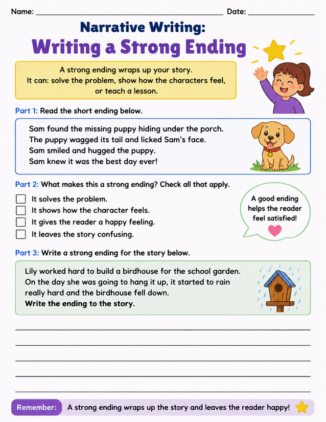 Narrative Writing Strong Ending Worksheet, Puppy and Birdhouse Prompts