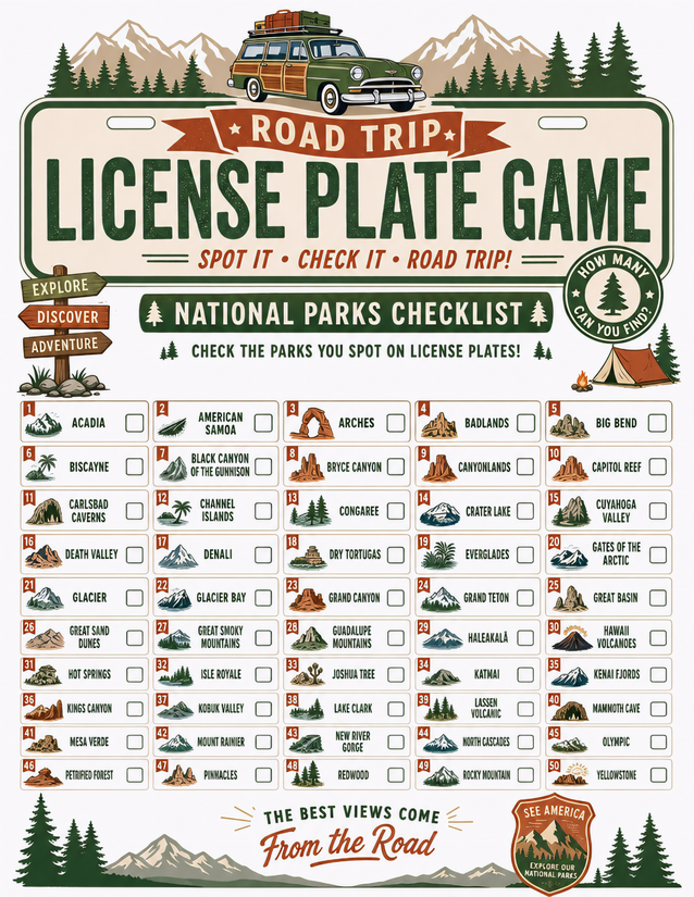 National Parks Checklist Printable, All 50 Parks Numbered