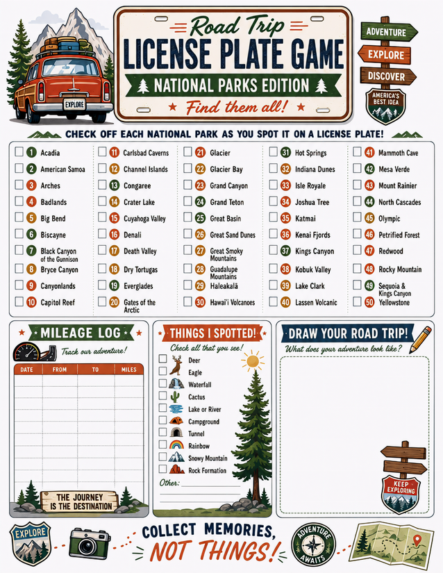 National Parks Edition License Plate Game Printable, All 50 Parks