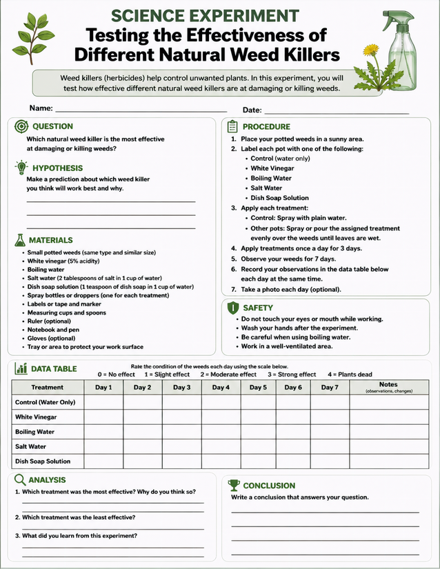 Natural Weed Killers Lab Sheet, Seven-Day Observation
