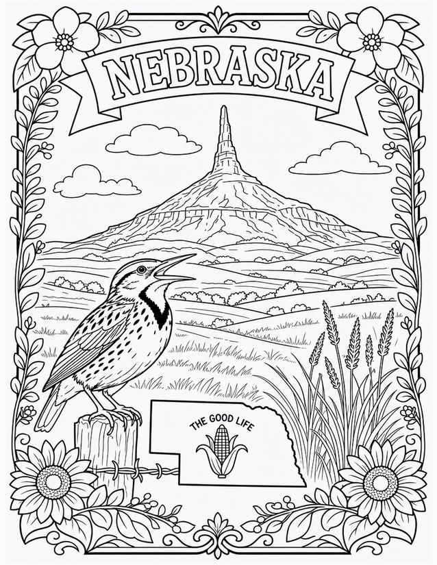 Nebraska Coloring Page, Chimney Rock and Western Meadowlark