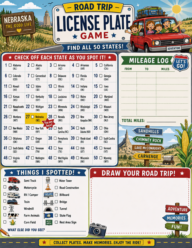 Nebraska License Plate Game Printable, Sandhills to Carhenge