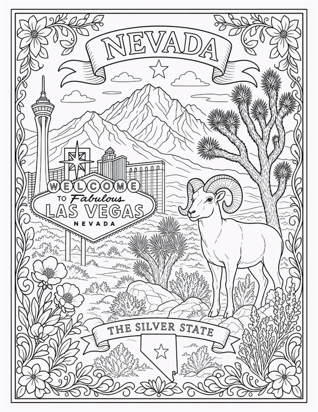 Nevada Coloring Page, Las Vegas Sign and Desert Bighorn