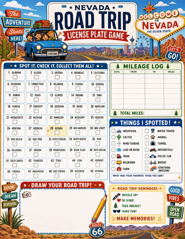 Nevada License Plate Game Printable, All 50 States Plus Mileage Log