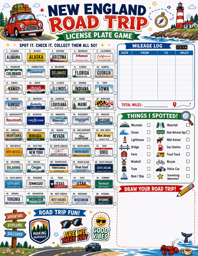 New England Road Trip License Plate Game, All 50 States Plus Mileage Log