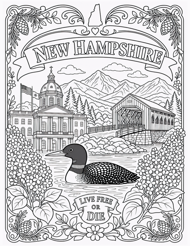 New Hampshire Coloring Page, Loon, Covered Bridge, and State Capitol